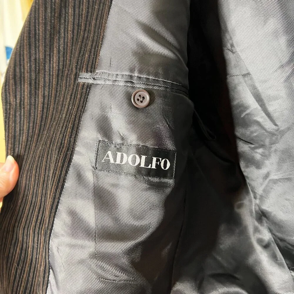 Adolfo Mens Velvet‎ Blazer 42S Brown Striped 3 Button Winter Collegiate Business